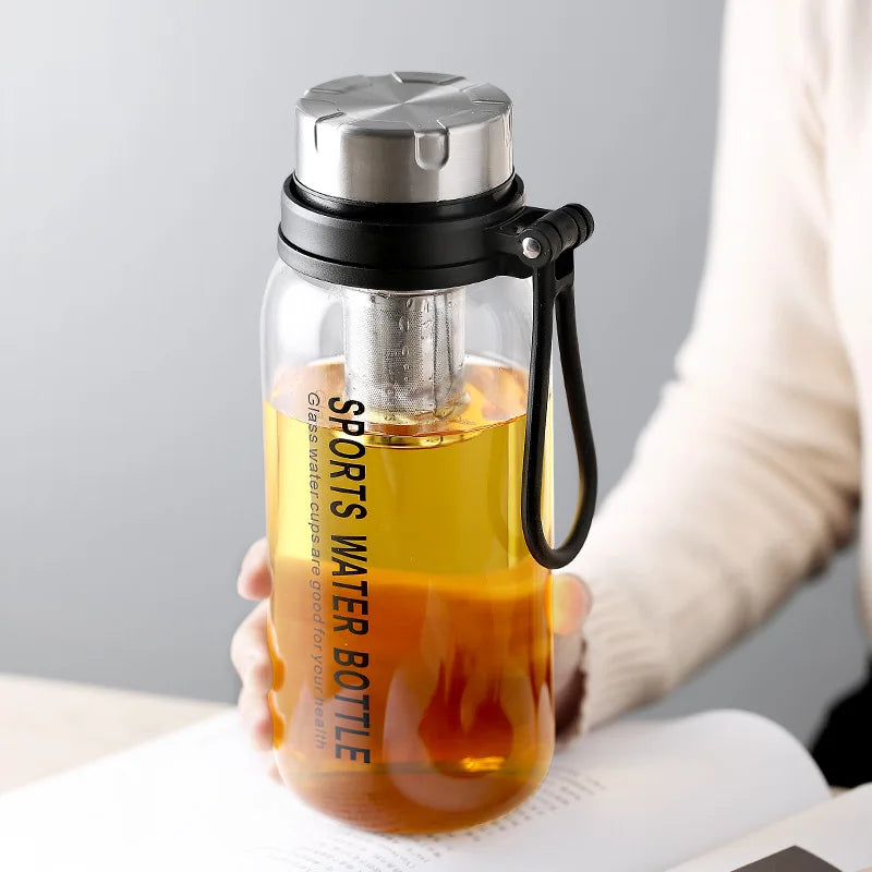 Large 2L Sport Neoprene Sleeve Glass Infuser Water Bottle with Lid Strainer Direct Drinking for Gym Hiking Camping