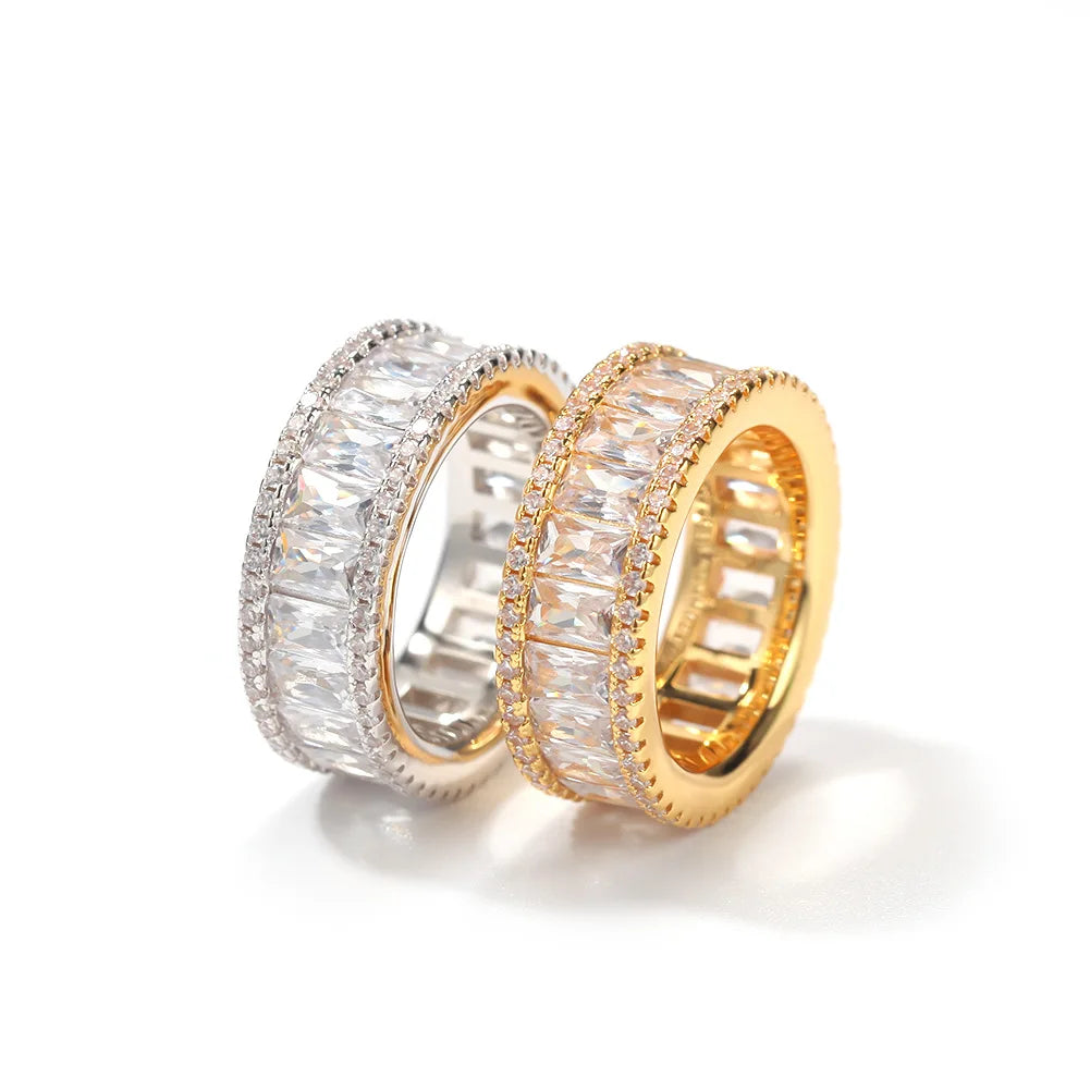 Fashion Ladies Wedding Jewelry Emerald Cut Cz Diamond Gold Iced Out Zircon Engagement Eternity baguette Band Rings