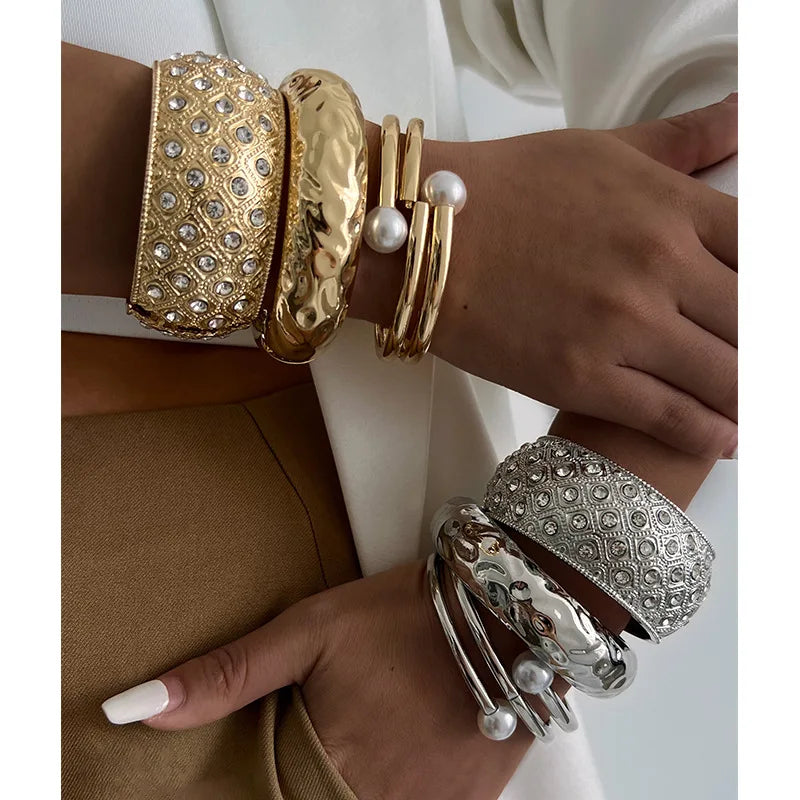 Geometric Zinc Alloy Silver Indian Chunky Gold-Plated Punk Bangle with Zircon for Party