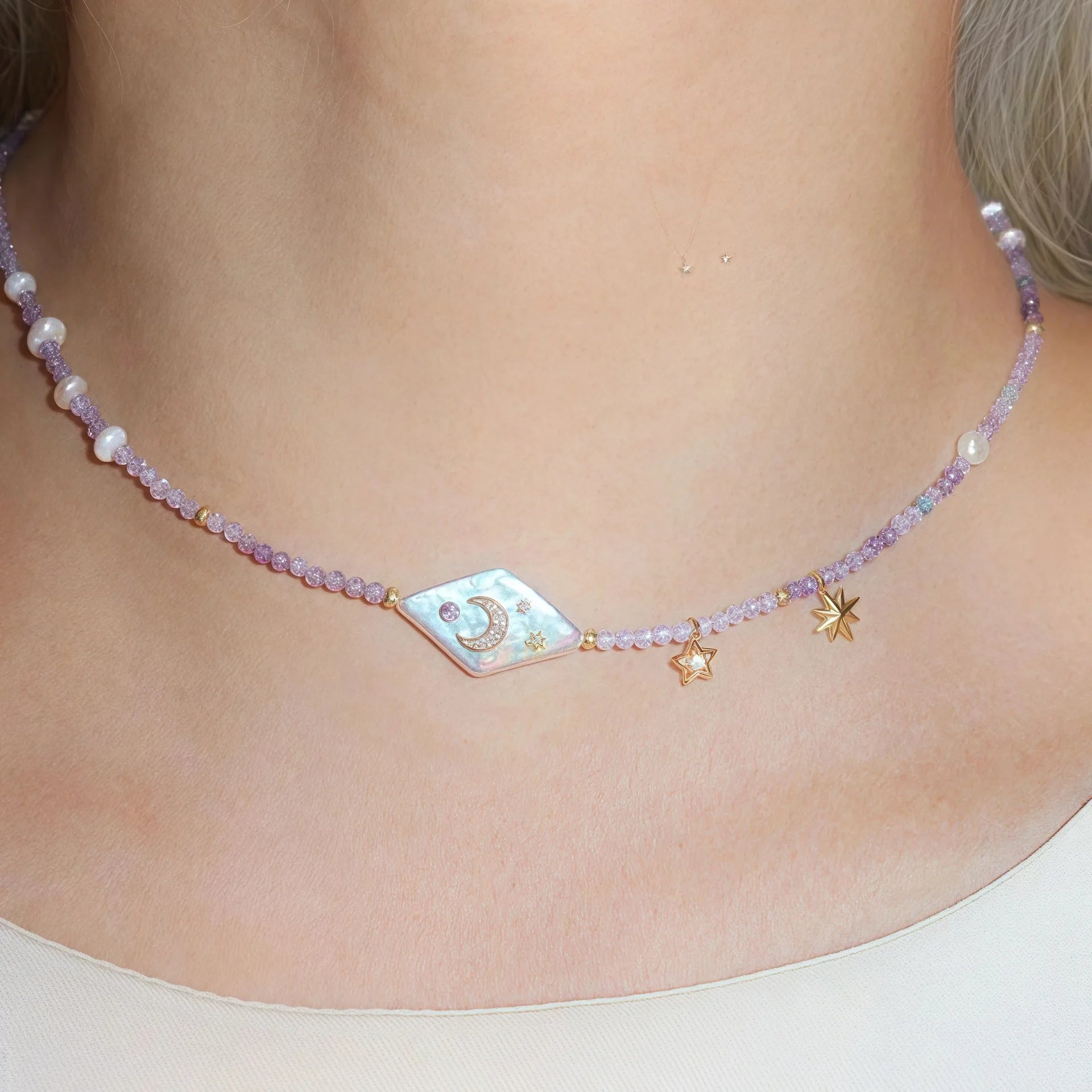 N&S Natural Baroque Moon Stars Purple Bead Chain Zircon Necklace Classic Advanced Cross-Border Fresh Temperament Stainless Steel