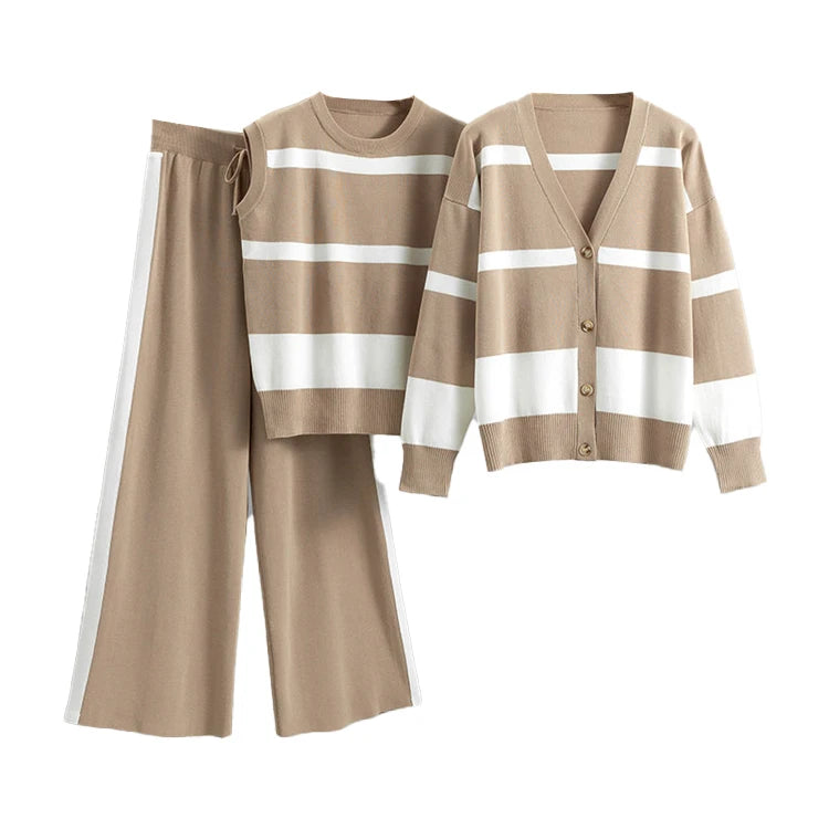 Spring and Autumn Striped Knit Set Casual Knit Pullover and Cardigan and Pants Set Knitted Three Piece Set for Women