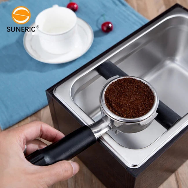 Stainless Steel Espresso Coffee Grinder Powder Bucket Wooden Base Barista Waste Bin Holder Knock Box Coffee