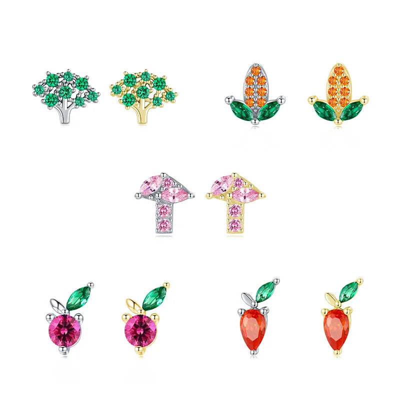 925 Sterling Silver Colorful Zircon Elegance Countryside Vegetable Broccoli Carrot Maize Mushroom Pitaya Stud Earrings for Girl