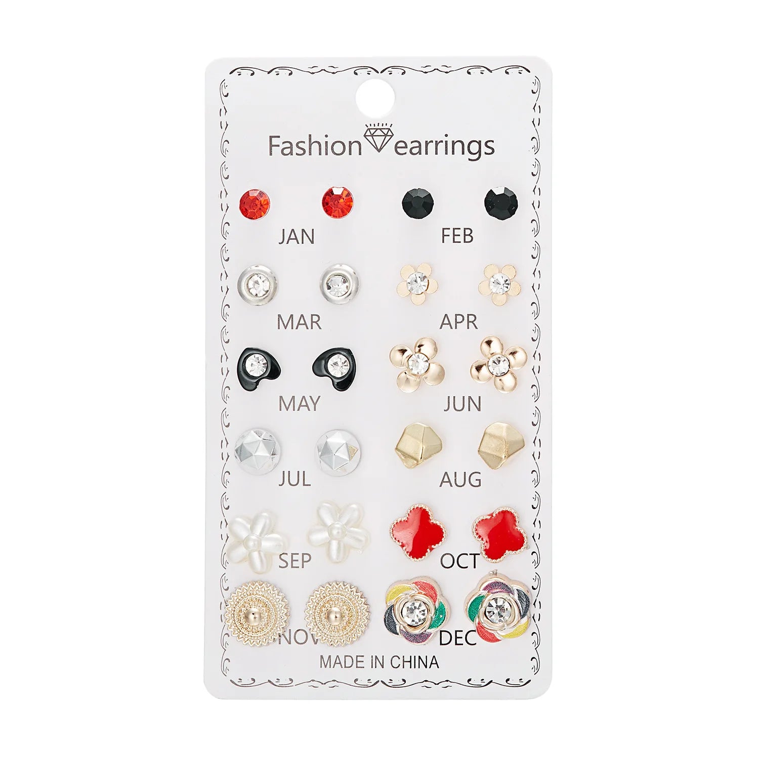 Beautiful Flower Earrings Accessories Sparkling Diamond Stud Earrings 12 Months Paper Card Earrings Set Gifts for Women