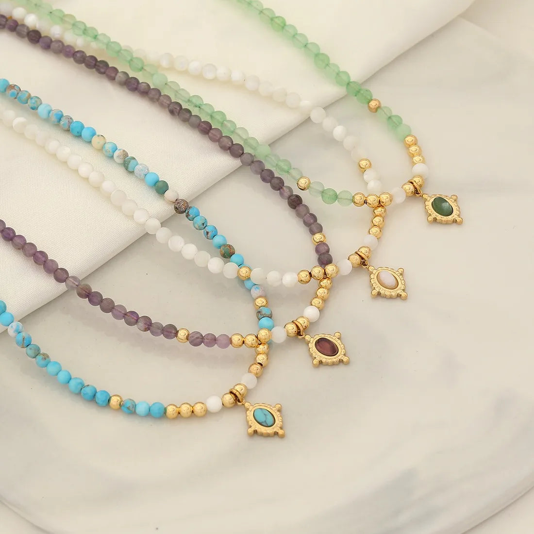 Dainty Amethyst Stone Necklace Natural Green Aventurine Blue Turquoise Beaded Necklace Shell Beads Charm Pearl Jewelry for Women