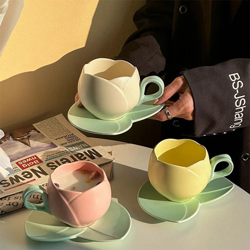 300ml Creative Irregular Tulip Shaped Ceramic Cup With Saucer Set Dessert Porcelain Cups Plate for Afternoon Tea