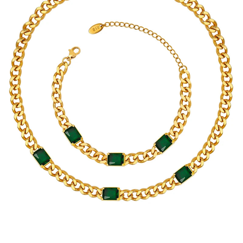 Wholesale Chain Green Glass Stone Necklace Pendant Bracelet Sets