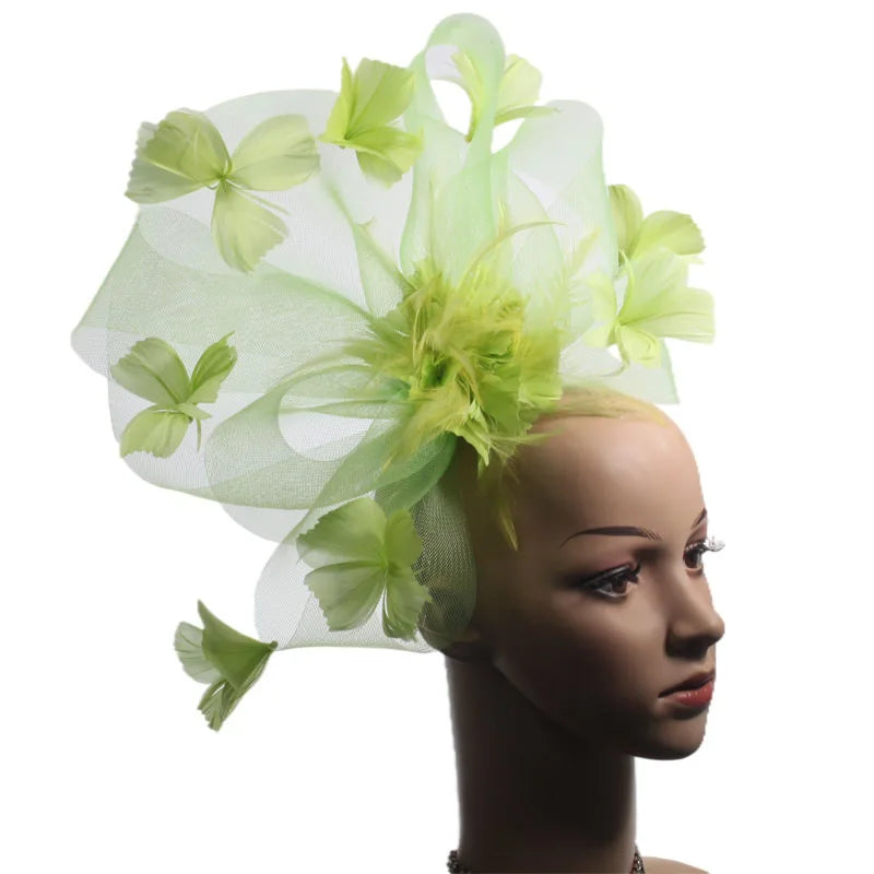 Wholesale Party Hair Accessories Charming Green Elegant Feather Fascinator With Mesh Veil for Outdoor Beach Wedding