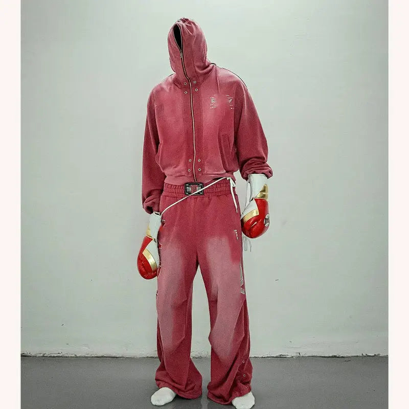 Unisex Tracksuit Custom High Quality Full Zip up Hoodie Loose Trousers Tracksuit 450gsm Street Wear Faded Acid Washed Tracksuit