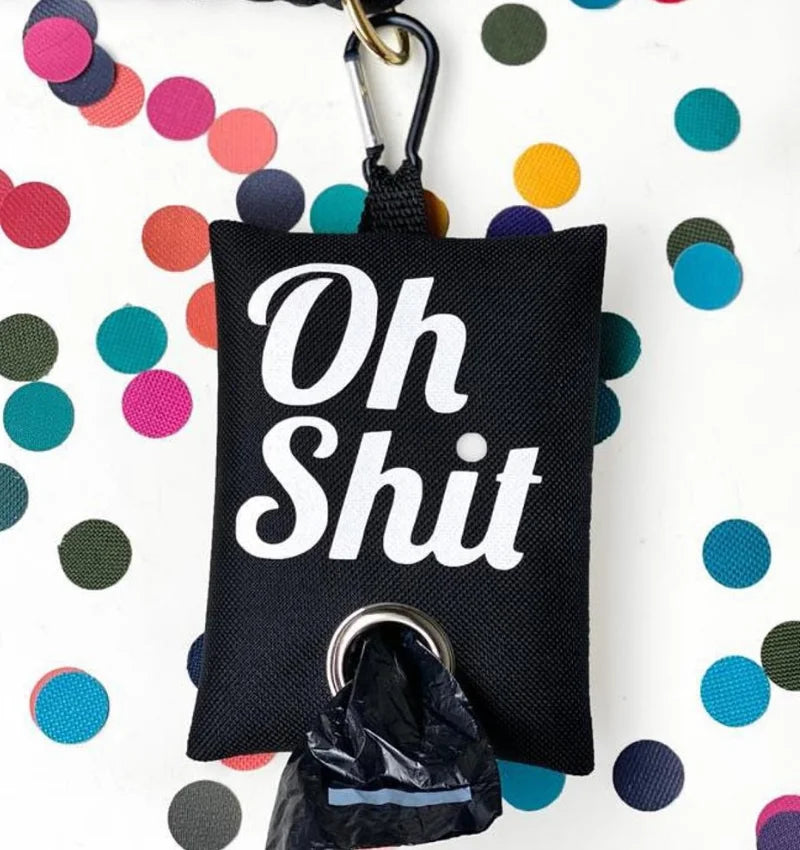 Custom Nylon Cloth Dog Poop Bag Holder Waste Bag Holder OH SHIT Poop Bag Pouch with Hook Pet Supplier Accessories
