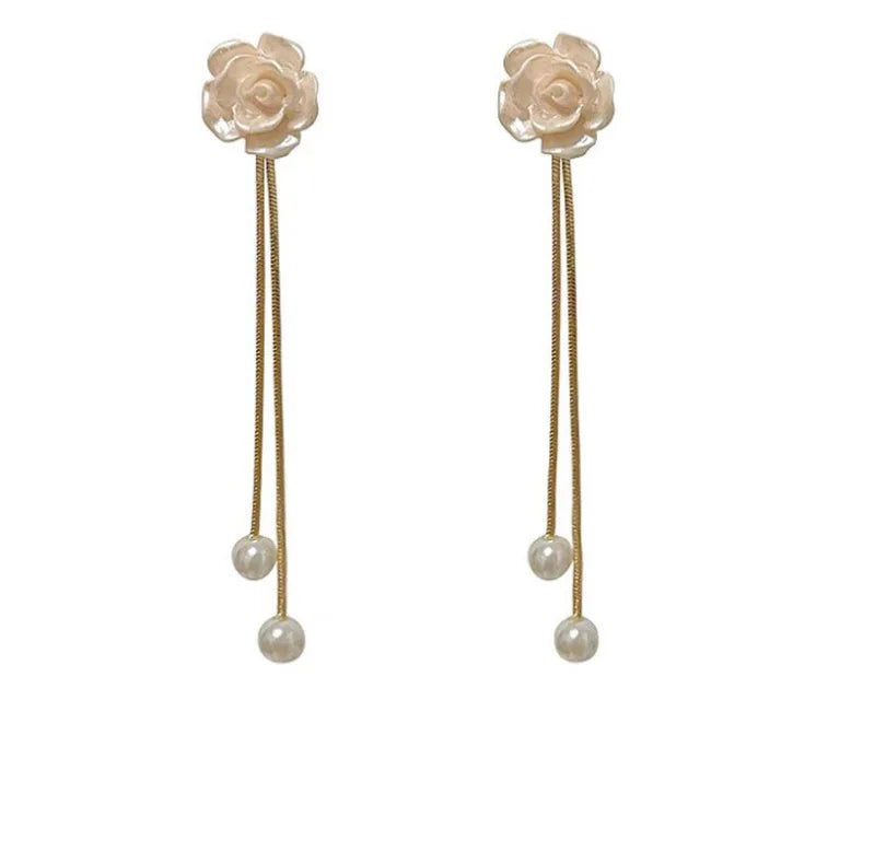 AA01016 Women's Sweet Cute Long Tassel Earrings Pearl White Camellia Flower Modern Daily Wear Jewelry Wholesale Main Alloy