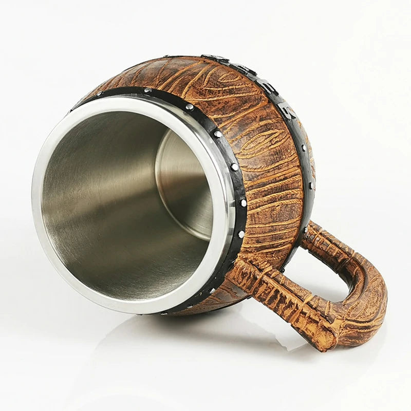 Hot Selling Vintage Faux Oak Wood Barrel Beer Mug Resin Mould Stainless Steel Coffee Cup Fut Eichenfas Mugs Stein Party Office