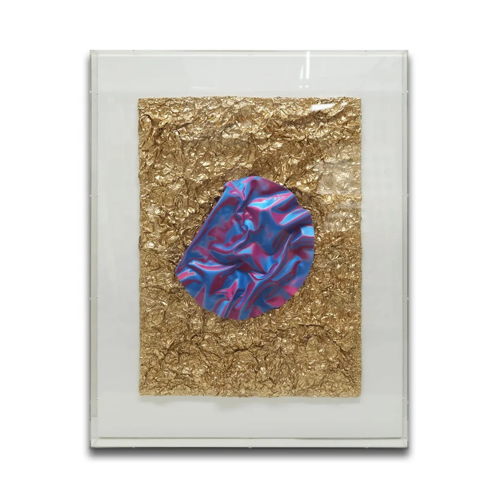Hotel Room Wall Hanging Luxury Gold Foil Ruffle 3D Wall Decor With Acrylic Frame