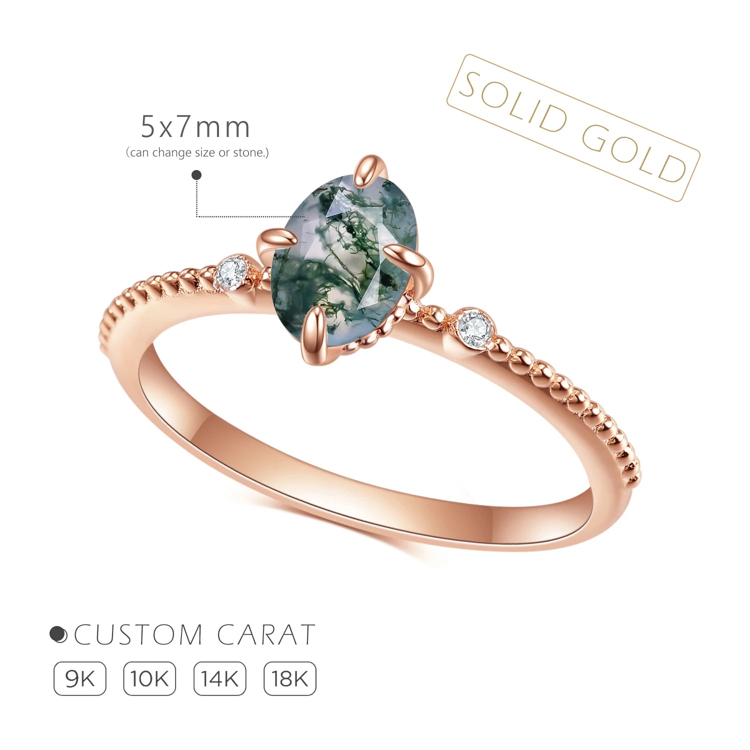 OL0907 Abiding Jewelry Dainty Designs Custom 9K 10K 14K 18K Solid Gold Oval Cut 5x7mm Moss Agate Ring Wholesale With Side Stone