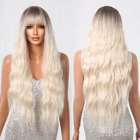 Factory Wholesale Price Long Wig Light Blonde Brown Loose Wavy Synthetic Wig with Bangs for Women Blonde Natural Hair