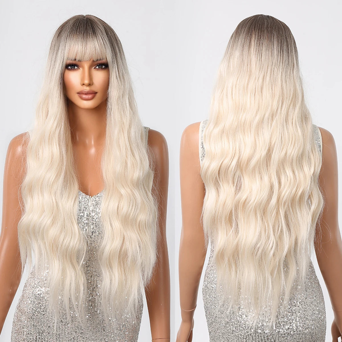 Factory Wholesale Price Long Wig Light Blonde Brown Loose Wavy Synthetic Wig with Bangs for Women Blonde Natural Hair