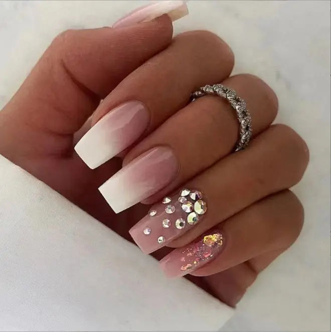 Factory Wholesale 24pcs Cute ABS Square Full Cover Medium Ballerina False Nails Rhinestone Press-On Nail Tips Glue Finger
