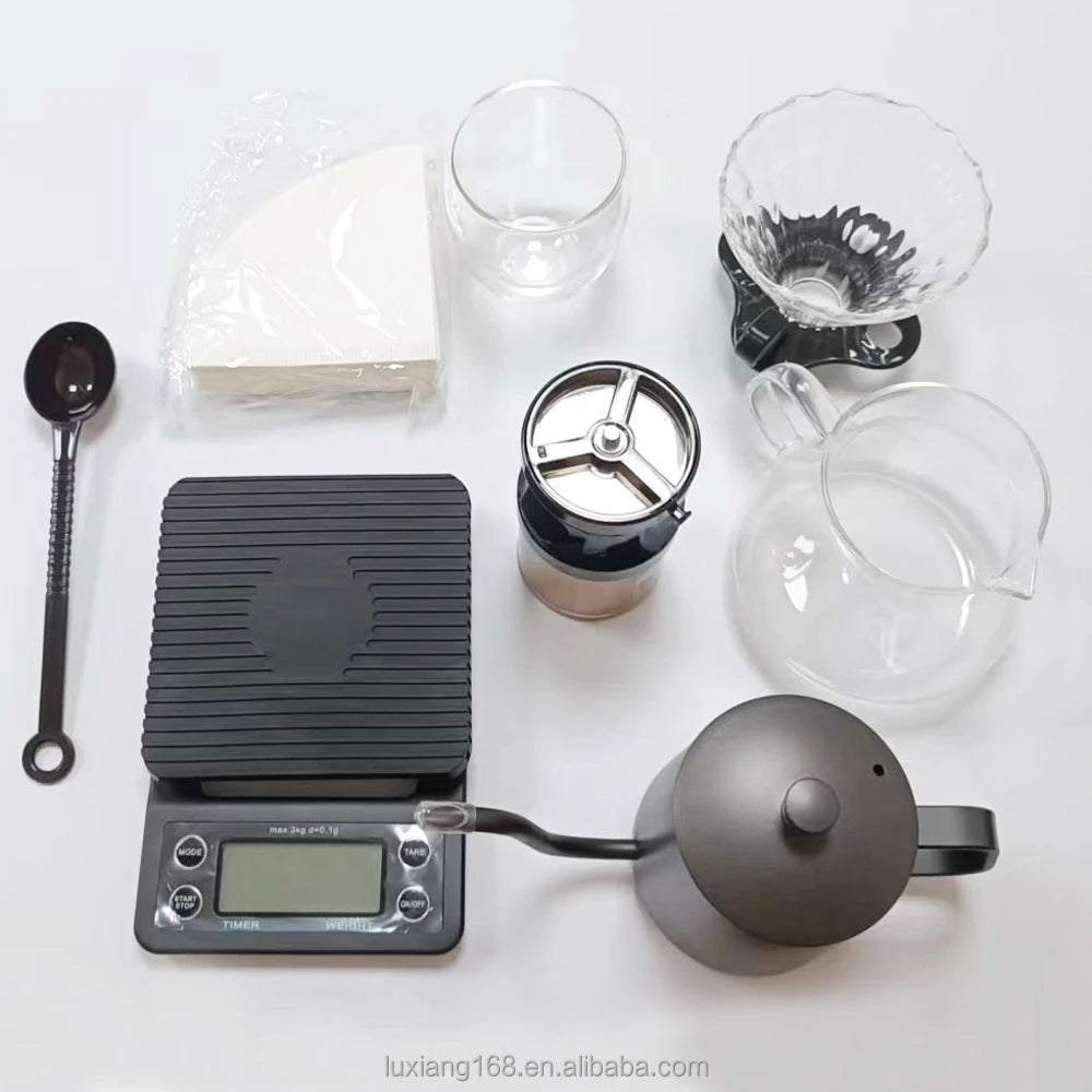 Traveling  Pour Over DIY Coffee Maker Set -Coffee Server/Filter/Grinder/Kettle /Electronic Scales/Scoop with Travel  Bag