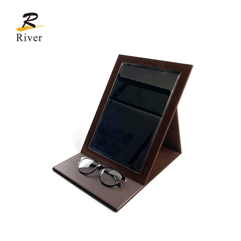 PU Leather Eyeglass Frame Square Desk Stand Cosmetic Folding Desktop Makeup  Mirror