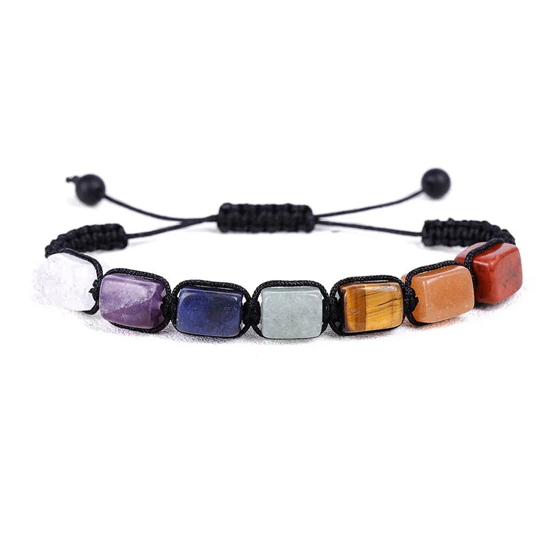 New Design Natural Stone 7 Chakra Energy Rectangle Gemstone Handmade Bead Woven Friendship Macrame Yoga Bracelet Men Women