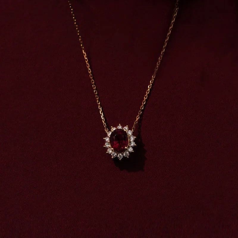 Vintage Luxury Fancy Pure 925 Sterling Silver Clavicle Chain Red Zircon Gemstone Ruby Pendant Necklace for Women Jewelry