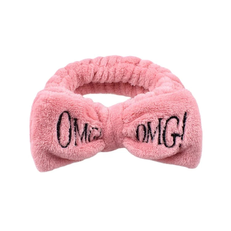 MIO Wholesales Girls Cute Face Washing Plush Hair Bands Letters Bow Coral Fleece Headband Elastic Hair Bands