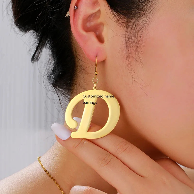 Small Letter Gold Stainless Steel Alphabet Initial Pendant Earrings for Women Jewelry