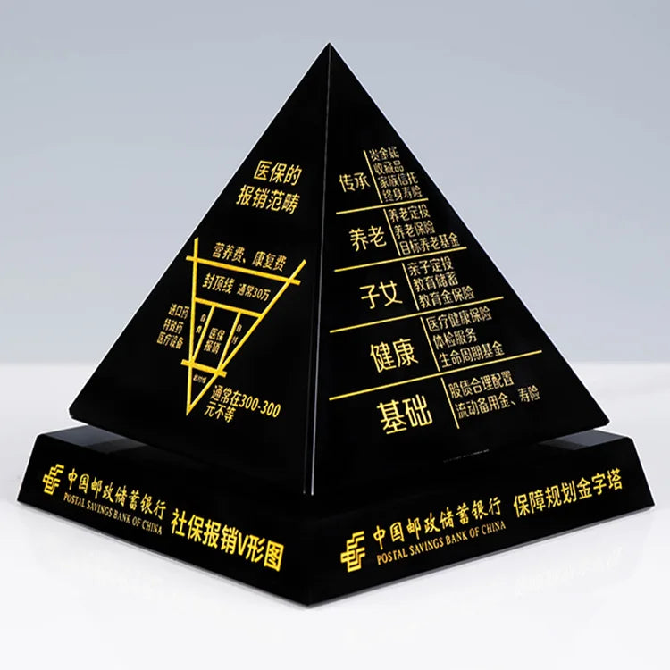 2023 Wholesale Custom Yellow Trophy Award Glass Clear Black Pyramid Crystal Trophy for Gifts