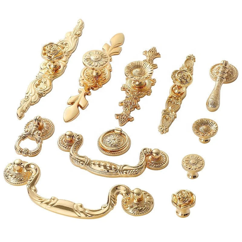 Hot Sale Luxury American European Style 24k Gold Classic Cabinet Handles Brass Furniture Pull Drawer Knob