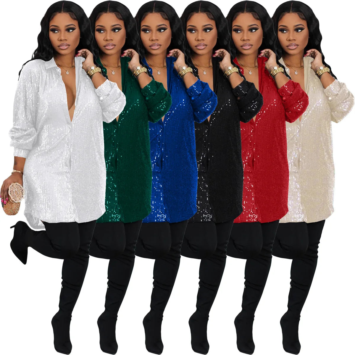 2026 Summer Fashion Sequin Dresses Women Casual Lady Elegant Turn-down Collar Long Sleeve Loose Shirt Dress