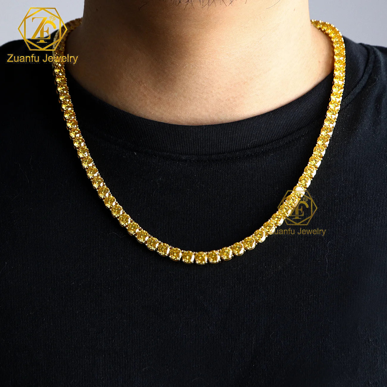 GRA Certificate 5mm Yellow Green Diamond Tennis Chain Waterproof 18k Solid Gold Plated 925 Silver Moissanite Necklace Charm Gift