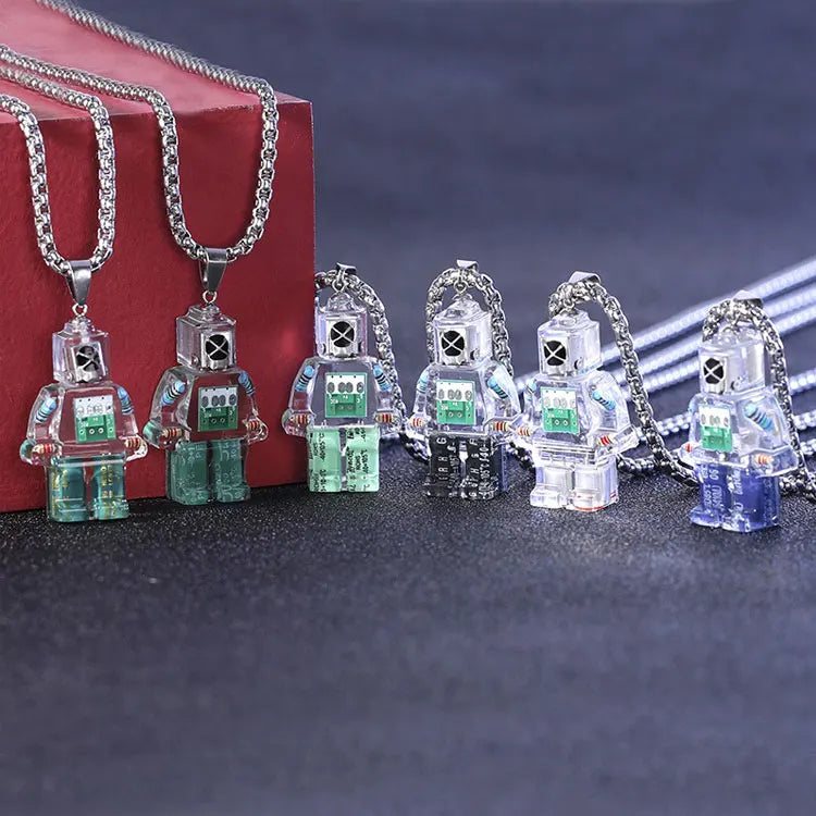 SC Fashion Electronic Robot Necklace Hip Hop Stainless Steel Chain Men Hoodies Necklace Transparent Resin Robot Pendant Necklace