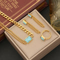 18K Gold Turquoise Pendant Stainless Steel Clavicle Chain Jewelry Necklace Bracelet Earrings Ring Set
