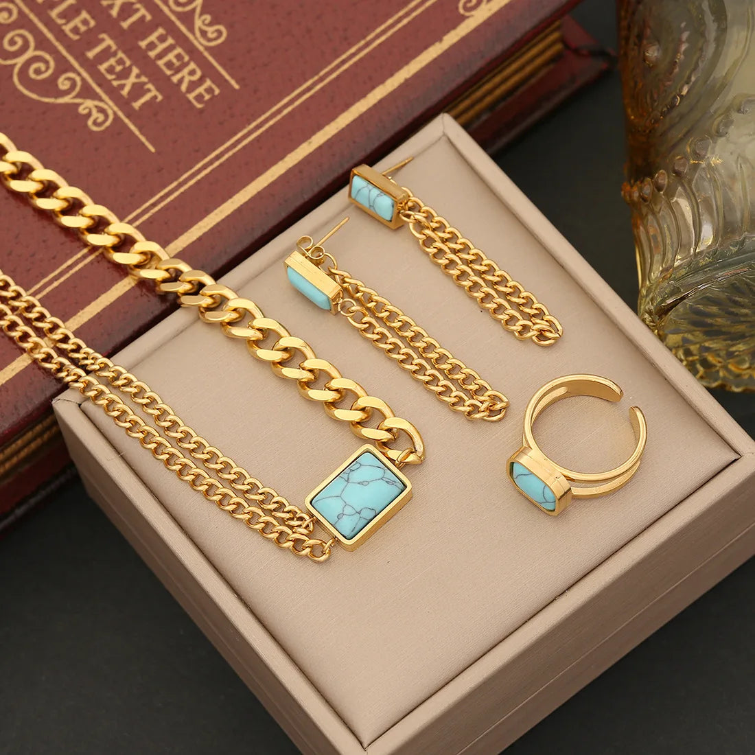 18K Gold Turquoise Pendant Stainless Steel Clavicle Chain Jewelry Necklace Bracelet Earrings Ring Set
