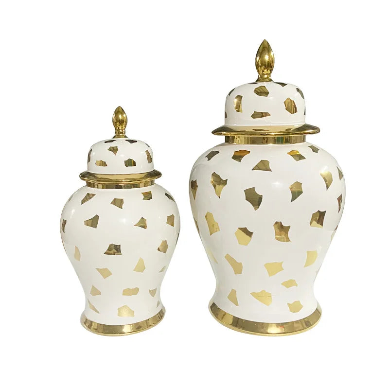 Flower Pattern Temple Jar White Ginger Jar with Lid Gold Mini Antique Design Decorated Ceramic Porcelain Home Decoration Round