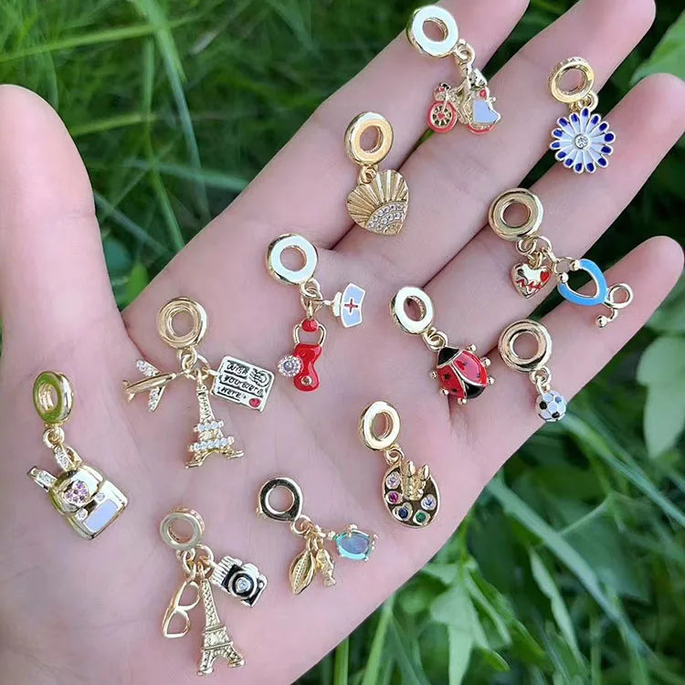 CZ8919 18k Gold Eiffel Tower and Suitcase Enamel Multi Colored Icecream Banana Ladybird Double Triple Bail Drop Dangle Charms