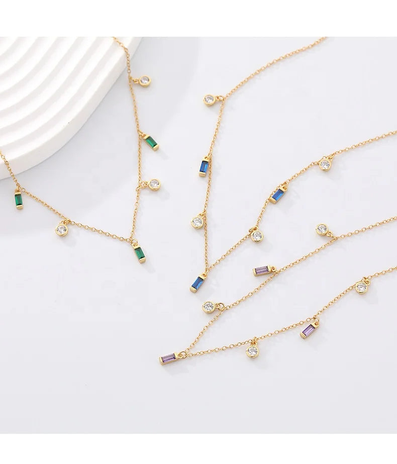 Women Fine Jewelry Necklaces Colored Cubic Zirconia Square CZ 925 Sterling Silver 18k Gold Plated Charm Necklace