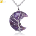 CSJA Wholesale Tree of Life Wire Wrapped Crescent Moon Shape Natural Healing Crystal Stone Charm Pendants Necklaces G990