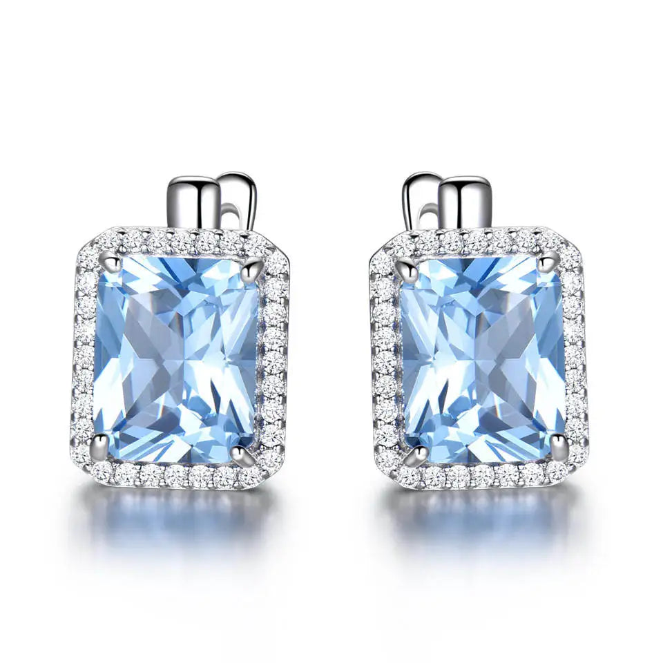 Luxury Blue Topaz Gemstone Clip on Earrings Jewelry Solid 925 Sterling Silver Zircon Earrings for Women Birthday Gift