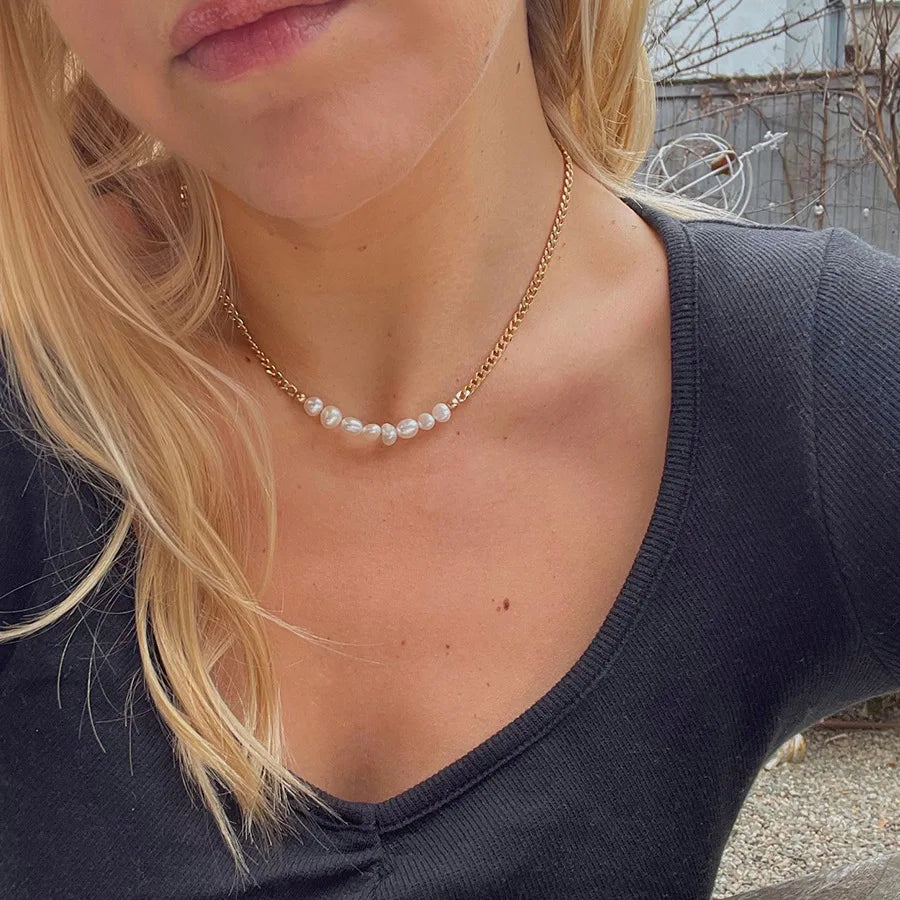 Natural Freshwater Irregular Pearl Necklace Choker for Women Men 14k Gold Plated Stainless Steel Chain Fashion Choker Wholesale
