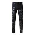 Mens Slim Fit Jeans Black Leather Star Patch Ripped Distressed Pants Wholesale