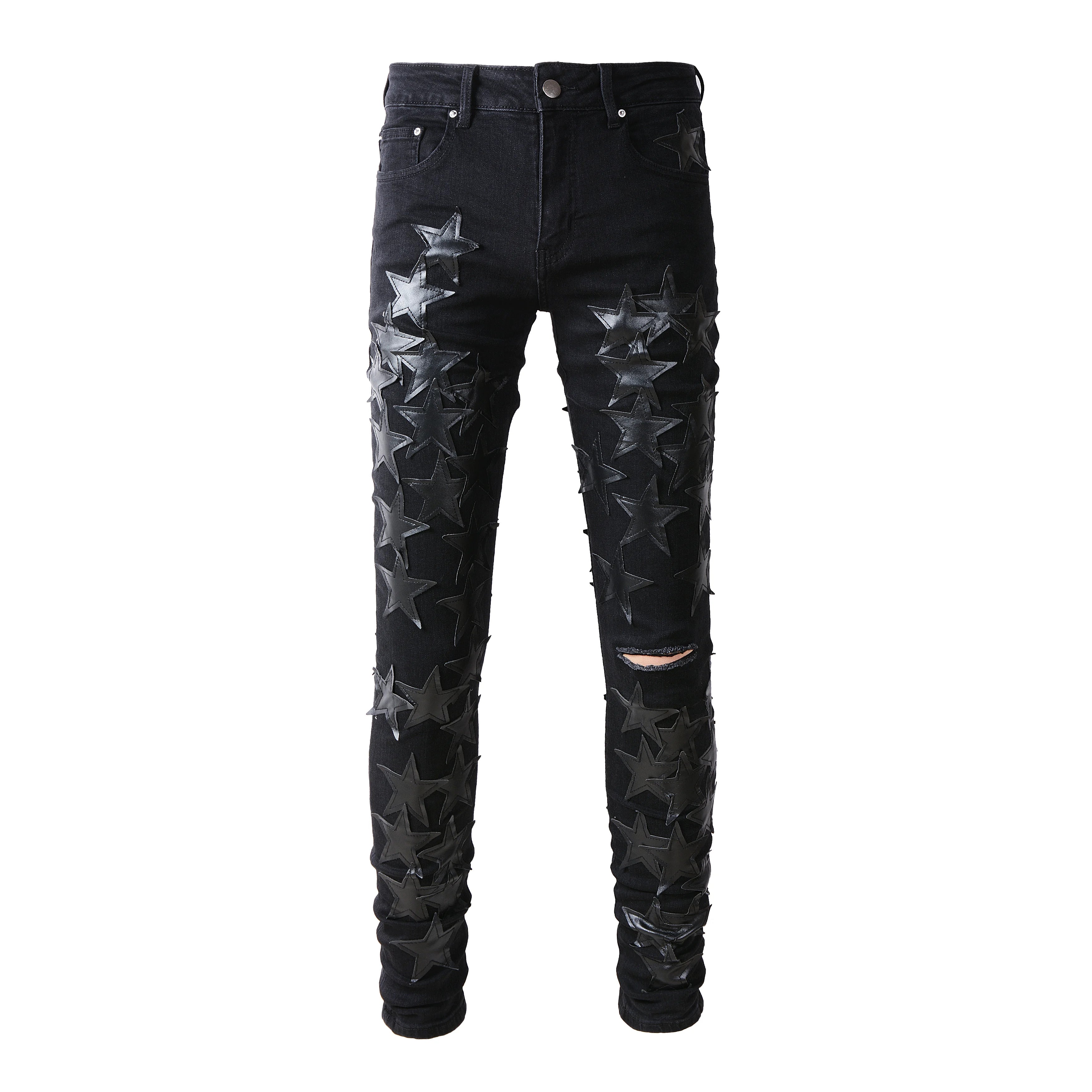 Mens Slim Fit Jeans Black Leather Star Patch Ripped Distressed Pants Wholesale