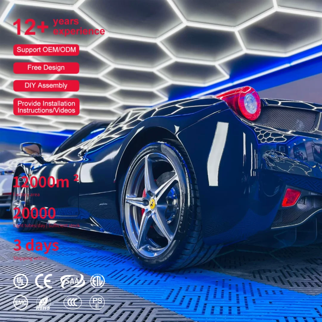 Car Care Showroom Garage Decoration Hexagonal Led Light Detailing Equipment Auto