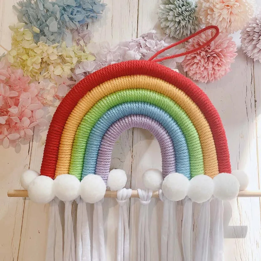 Rainbow Design Wall Hanging Hand-Woven Rainbow Hairpin Storage With Children Room Wall Decoration