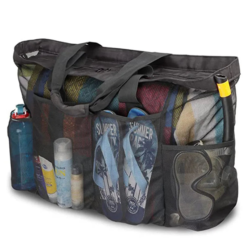 Beach Bag Eco Reusable Grocery Shopping Mesh Bags Snorkeling Zipper Kids Toys Storage Mesh Tote Bag for Beach