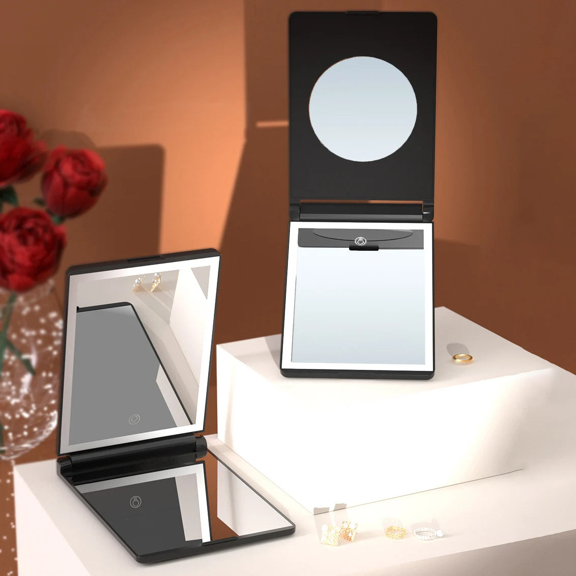 Zonyin New Rechargeable Folding Travel LED Compact Makeup Mirror With 3X Magnifying Portable Tabletop Cosmetic Mirror for Travel