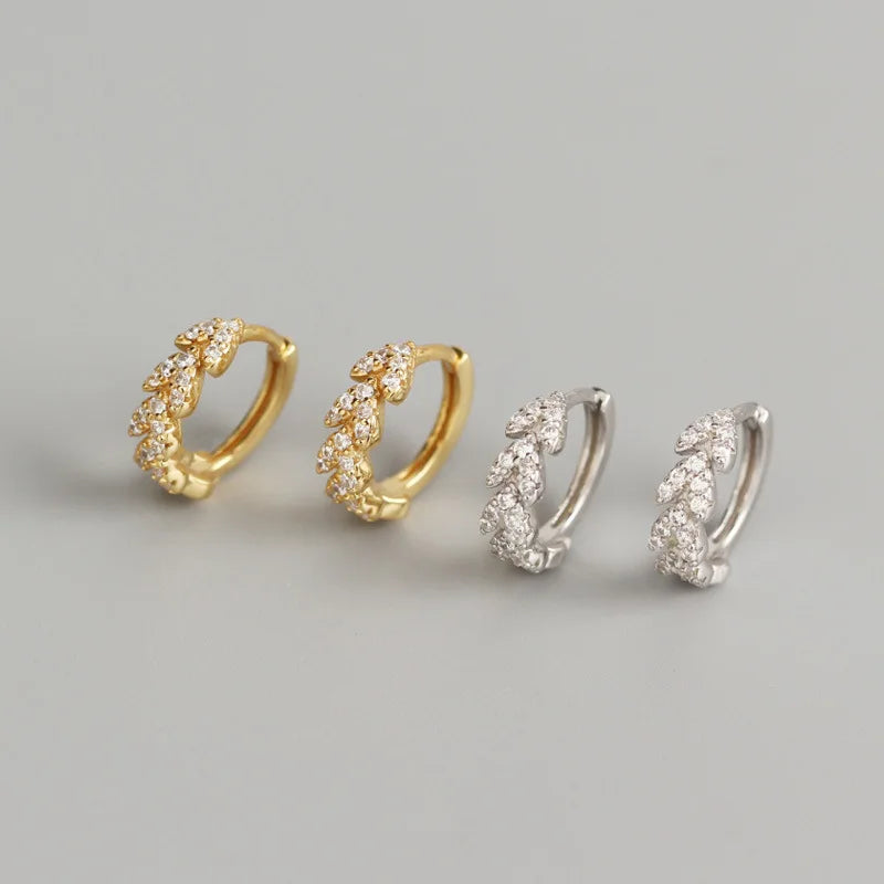 European Luxury Jewelry 925 Sterling Silver Leaf Olive Shape with Cz Diamond Hoop Earrings