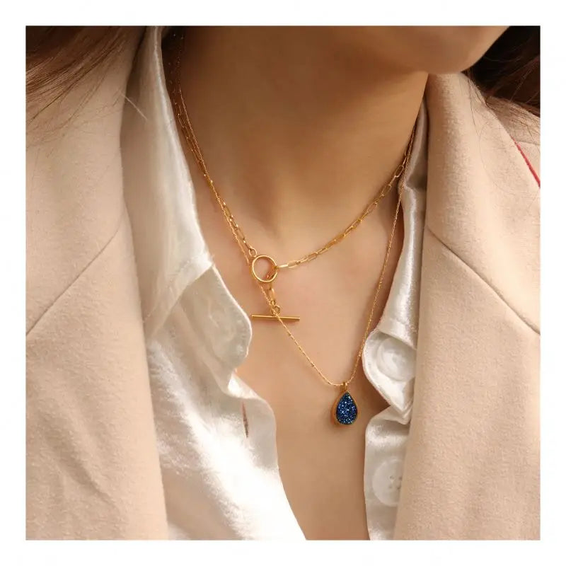 Chris April Retro Simple Stainless Steel Gold Plated Bamboo Chain Natural Crystal  Pendant  Necklace