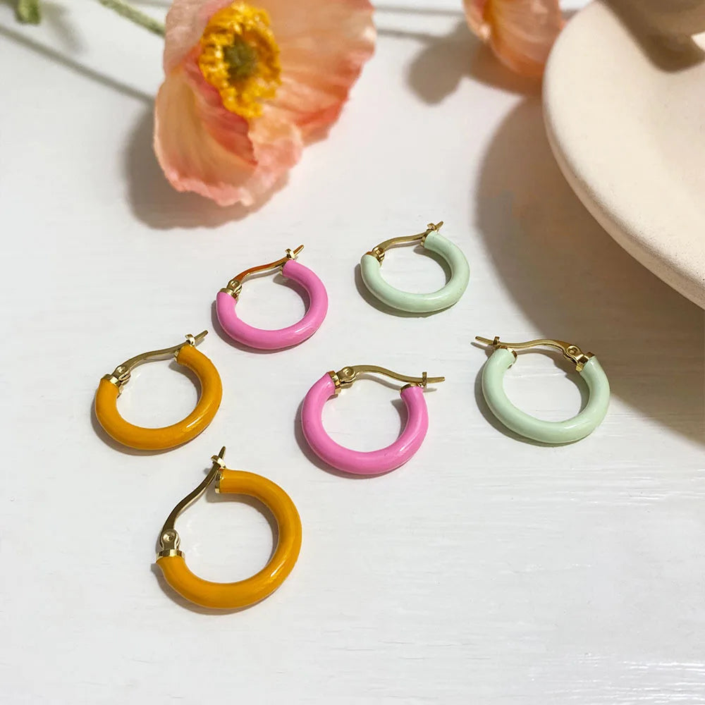 French Vintage 18K PVD Gold Plated Huggie Earrings Colored Enamel Stainless Steel Hoop Earrings for Women