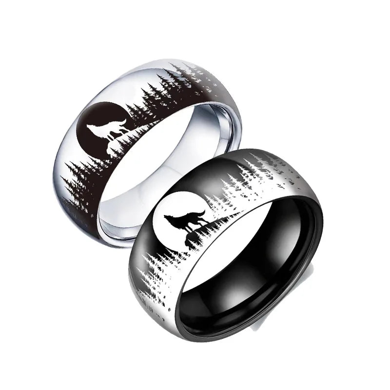 Fashion Wholesale New Design Titanium Steel Black Forest Animal Stainless Steel Grassland Wolf in Forest Ring for Men Women